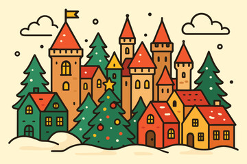 Obraz premium Charming winter village scene with festive christmas trees and castle illustration