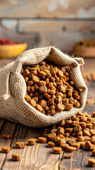 Obraz premium Rustic dog food kibble burlap sack wooden table natural dry pet nutrition wholesome crunchy spilling aroma fills cozy kitchen wooden surface rustic warmth earthy tones country home care