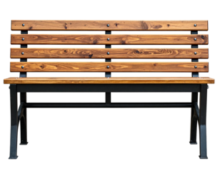 A frontal, isolated image of a park bench, featuring wooden slats atop a black metal frame