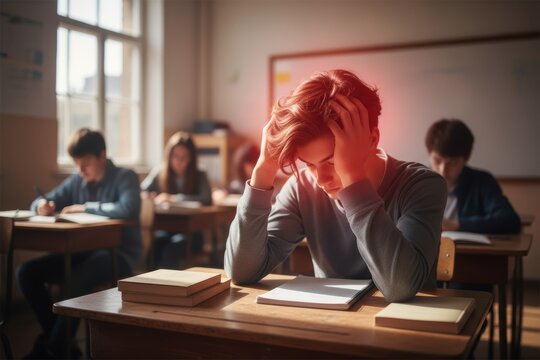 Stressed young male student in classroom during exam.