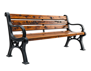 Isolated park bench with stained wooden planks, black ornate iron arms and legs, on a black background