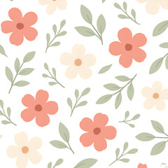 Seamless floral pattern with cute hand drawn flowers and leaves.