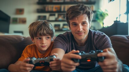 A father and son playing video games together, competitive and fun 
