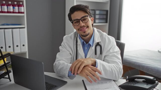 Young hispanic male doctor in a clinic office wearing a stethoscope and glasses, confidently posed at a desk with a laptop and telephone, conveying professionalism.