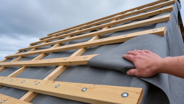 Worker&rsquo;s hand adjusting waterproof underlayment on sloped roof with exposed nails and wooden battens. Cloudy daylight highlights construction detail and roofing process