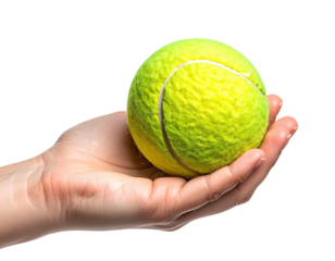 A tennis ball rests in an open hand against a black background