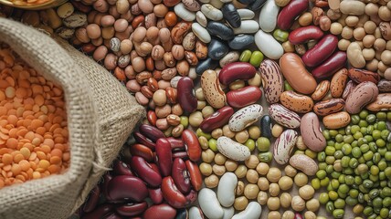 Naklejka premium An overhead shot of a variety of dried beans and lentils with a burlap sack filled with lentils