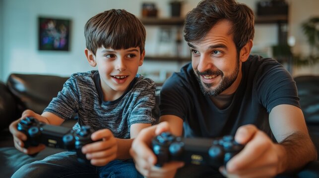 A father and son playing video games together, competitive and fun 
