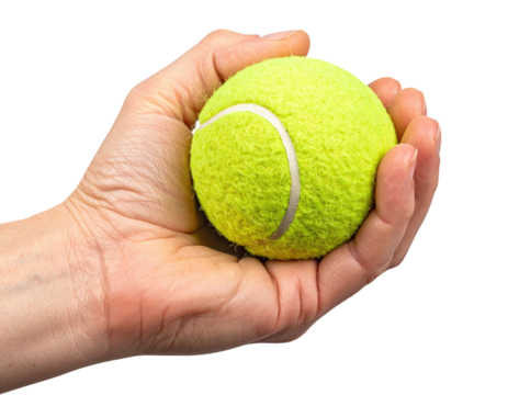 Close-up view of a hand holding a tennis ball, isolated on a black background - Powered by Adobe