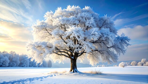 A solitary tree, heavily frosted in winter, stands majestically in a snow-covered field under a clear blue sky. The branches are coated with ice crystals
