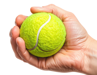 Close-up view of a person's hand firmly gripping a vibrant green tennis ball, isolated
