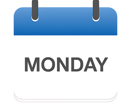 Modern monday calendar icon isolated on transparent background with blue top and rounded corner