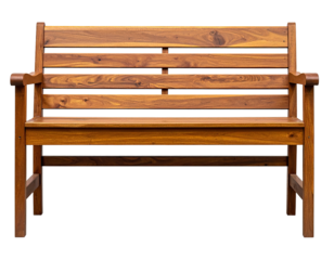 A rectangular wooden park bench with a backrest, armrests, and sturdy legs, isolated on black