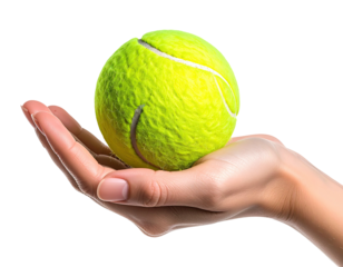 A close-up of a tennis ball nestled in an open hand against a black background