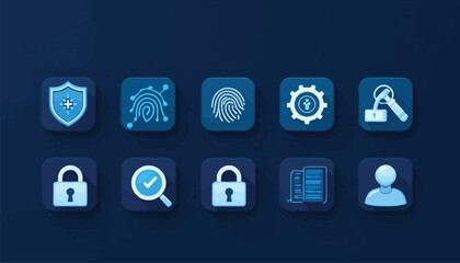 Digital Security and Privacy Icons with Blue Accents Keywords: digital security, privacy, shield