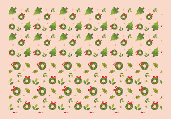 Christmas Tree and Wreath Seamless Pattern on Beige Background