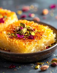 Close-up of baklava pieces garnished with pistachios and rose petals