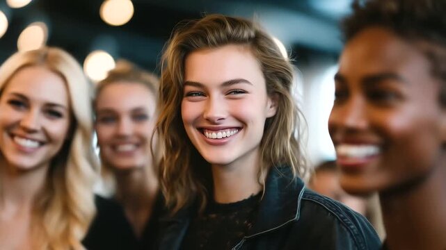 candid group of fashion models talking and laughing during a model casting break, modern studio interior, casual fashionable outfits, natural lighting, editorial 