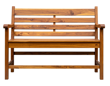 An isolated, detailed frontal view of a wooden bench with horizontal slats and armrests