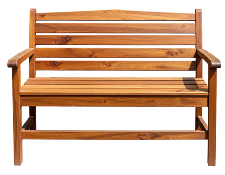 Wooden bench with armrests and multiple horizontal slats, isolated on transparent background