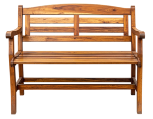 Wooden outdoor bench, crafted from dark wood with slats, armrests, and a slatted backrest