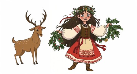 Fototapeta premium A cartoon illustration of a girl in traditional dress holding a wreath with a deer, perfect for folk tale storytelling, seasonal greeting cards, and whimsical art prints.