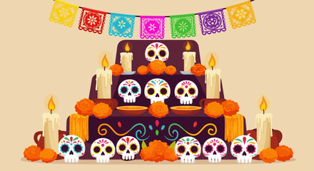 Fototapeta premium Colorful Día de los Muertos altar with skulls and candles for cultural events, festive promotions, and educational materials 