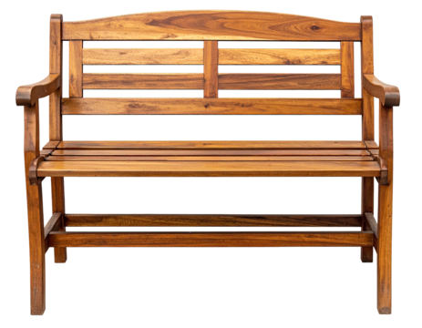 Wooden outdoor bench, crafted from dark wood with slats, armrests, and a slatted backrest