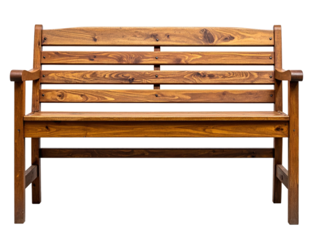 A detailed photo of a varnished brown wooden bench with armrests, isolated on a black backdrop