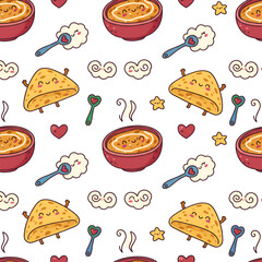 Seamless Pattern with Cute Food Characters and Decorative Elements.