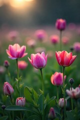 Fototapeta premium Tranquil Spring Meadow with Dew Kissed Wildflowers A serene spring meadow at dawn, bathed in soft, golden light. Dewdrops glisten on a variety of vibrant, delicate wildflowers. The scene is tranquil