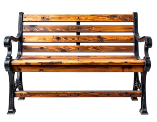 A weathered park bench with wooden slats and ornate black cast iron arms and legs, isolated