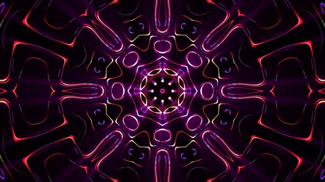Neon mandala with glowing lines and symmetrical geometric light pattern on a dark background. Hypnotic luminous shapes animation for music performance and psychedelic art. Seamless VJ loop 4K 30fps