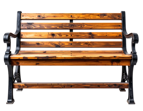 A weathered park bench with wooden slats and ornate black cast iron arms and legs, isolated