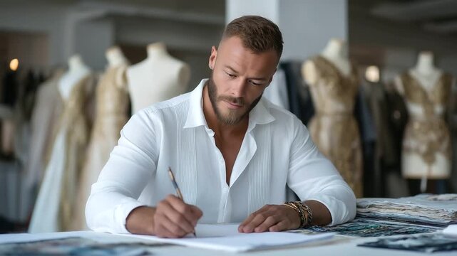 famous fashion designer working in a bright studio, sketching new outfit designs, fabric swatches on the table, mannequins dressed in haute couture, creativ