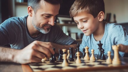 A father and son playing chess together, thoughtful and strategic