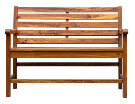 A frontal view of a wooden bench with armrests, appearing against a solid black background