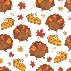 Thanksgiving Pattern with Turkeys Pumpkin Pie and Autumn Leaves.