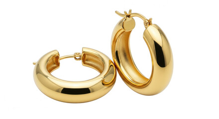 Pair of shiny gold hoop earrings isolated on transparent background, jewelry
