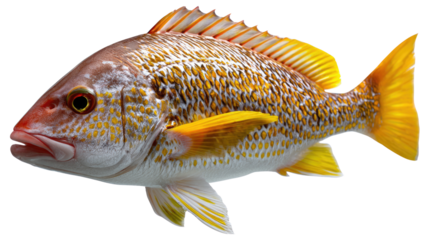 Golden Snapper: A vibrant golden snapper, its scales shimmering with a rich tapestry of colors, presents a captivating image of marine life and the beauty of underwater ecosystems.