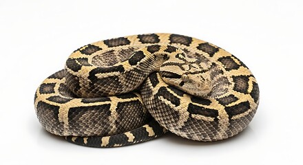 Obraz premium A coiled viper snake with a distinctive pattern of dark brown and tan markings on a white background.