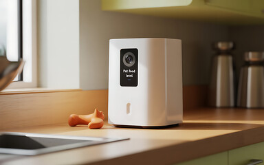 Smart pet feeder on a kitchen counter automatic food dispenser for cats and dogs modern home appliance