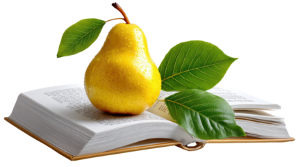 Literary Harvest: A vibrant pear rests gracefully upon an open book, accompanied by fresh green leaves. This artistic still life celebrates knowledge and the harvest season.