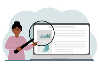 A woman shows a report, a presentation on a laptop with a magnifying glass vector illustration. Financial business analysis, audit, planning concept.