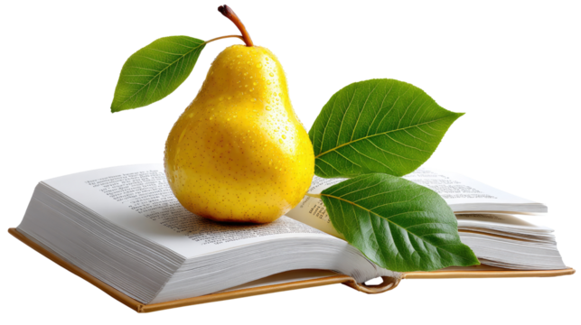 Literary Harvest: A vibrant pear rests gracefully upon an open book, accompanied by fresh green leaves. This artistic still life celebrates knowledge and the harvest season.