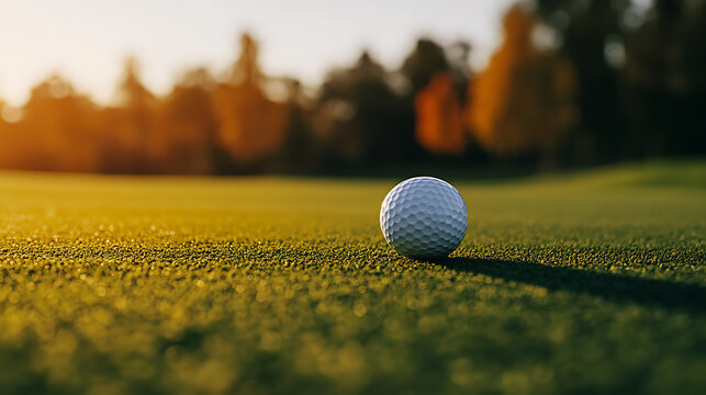 Golf ball resting on lush green course at sunset, inviting play and skillful moments. Focus on precision and the sport's beauty. A perfect shot awaits!