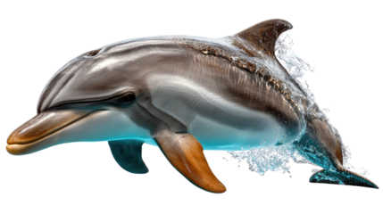 Dolphin leaping from the water: A majestic dolphin gracefully leaps from the sea, its sleek, streamlined body glistening as it breaks the surface. A symbol of freedom and beauty of marine life.