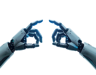 Two metallic, robotic hands with illuminated fingers, isolated against a stark black background