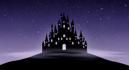 Fototapeta premium A spooky black castle silhouette with glowing windows on a hill against a purple starry night sky.