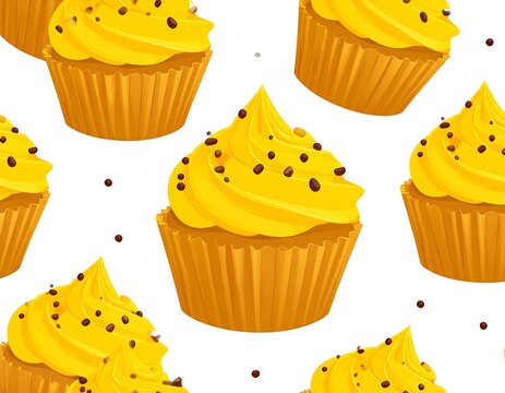 Colorful cartoon cupcakes, with yellow frosting and chocolate sprinkles